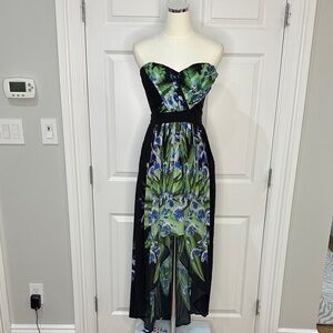 Bebe Addiction Black Strapless High Low Floral Pleated Chiffon Dress Size XS